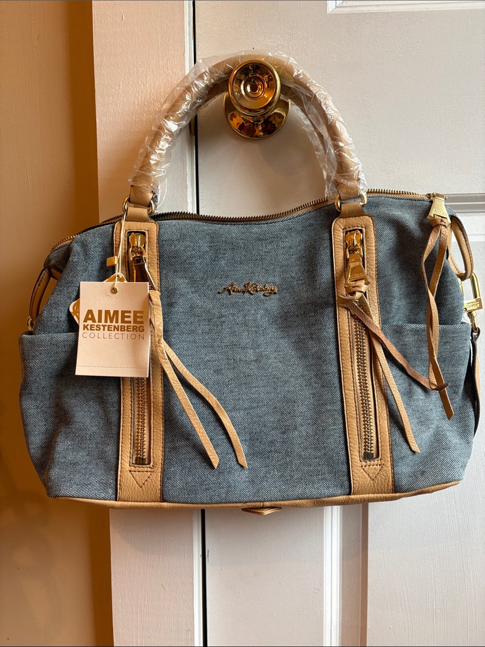 Aimee Kestenberg Blue and Tan Canvas Satchel with Gold Hardware